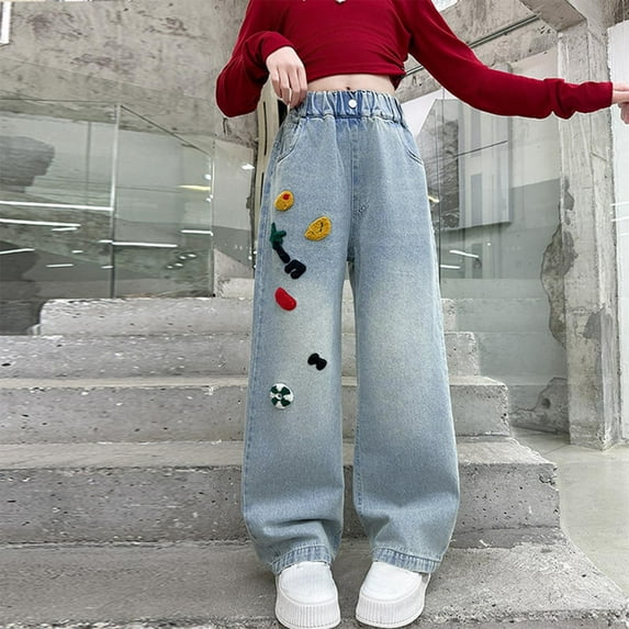 HAOTAGS Jeans for Girls（5-15） Embroidered Patterns Denim Pants High Waisted Straight Leg Jeans with Pockets Blue Size 9 Years