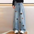 thumbnail image 1 of HAOTAGS Jeans for Girls（5-15） Embroidered Patterns Denim Pants High Waisted Straight Leg Jeans with Pockets Blue Size 9 Years, 1 of 7