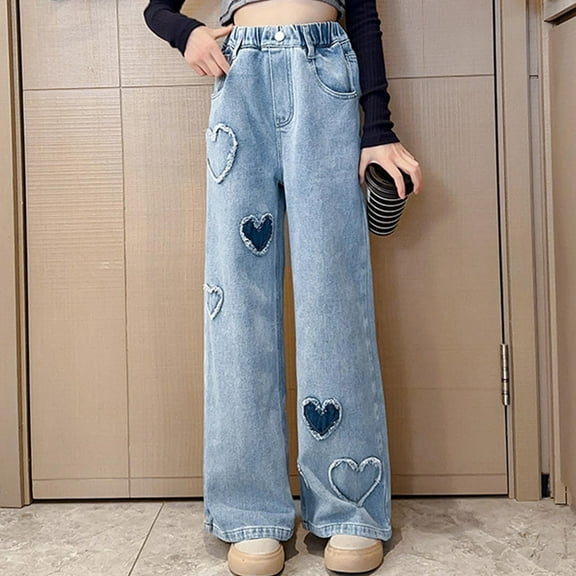 HAOTAGS Jeans for Girls Elastic Waist Baggy Wide Leg Cargo Trousers Bootcut Pocket Girl Hop Streetwear Blue 12 Years