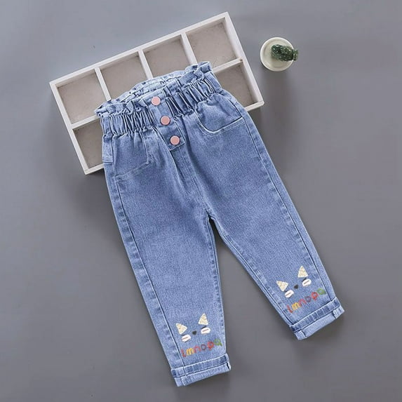 HAOTAGS Jeans for Toddler Girls(2-6)Cute Graphic Elastic Waist Casual Soft Cotton Pants Blue Size 3 Years
