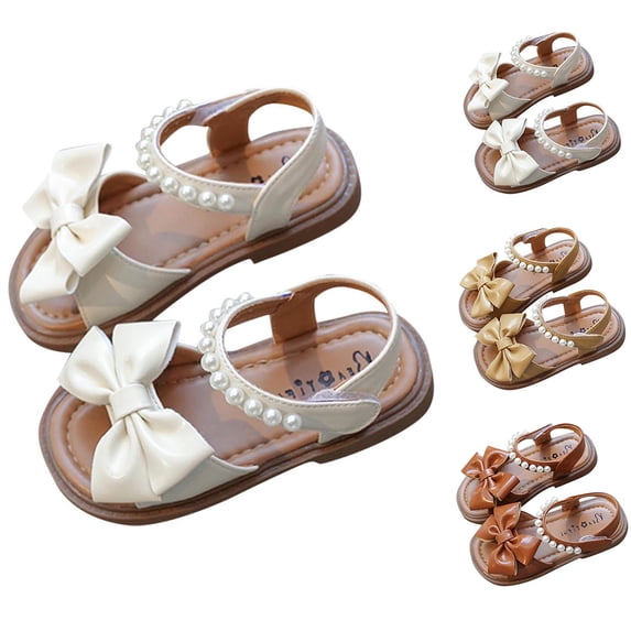 HAOTAGS Kid's Toddlers Sandals, Lightweight Hook Loop Bow - Tie Pearl Adjustable Straps Beach Shoes for Kids White 18 Months