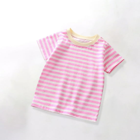 HAOTAGS Kids(2-10 Years) T-Shirts, Round Neck Short Sleeve Striped Summer Cotton Top Pink 3-4 T