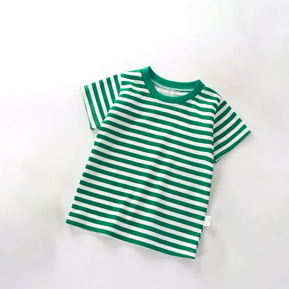 HAOTAGS Kids(2-10 Years) T-Shirts, Short Sleeve Striped Round Neck Summer Cotton Top Green 9-10 Years