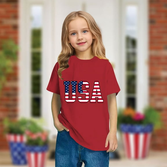 HAOTAGS Kids 4th of July T-Shirts Graphic Print Unisex Short Sleeve Summer Tops Red Size 4 Years
