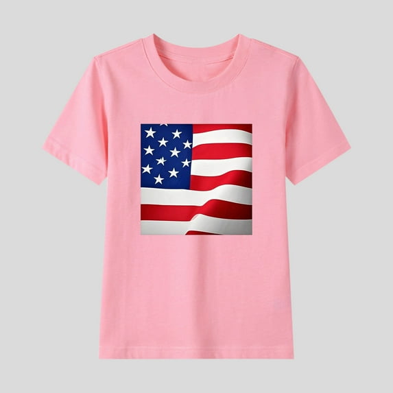 HAOTAGS Kids 4th of July T-Shirts for Boys and Girls Flag Print Patriotic Tops Casual Short Sleeve Crew Neck Summer Tees Pink Size 5 Years