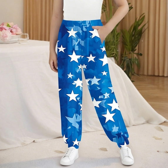 HAOTAGS Kids Casual Lounge Pants(3-15), Boys Girls Graphic Printed Sweatpants Elastic Waist Long Pants Blue 9 Years-10Years