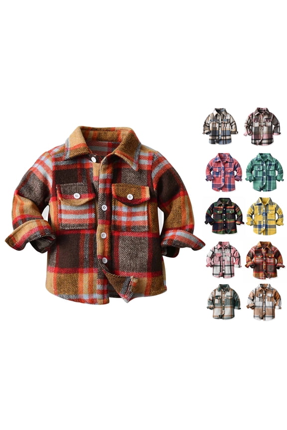 Kids Flannel Plaid Shirt Boys Girls Shirt Outwear Brown Size 7-8 Years