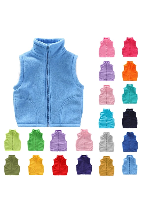 Kids Fleece Zipper Vest,Stand Collar Solid Warm Thickened Fleece Vest Light Blue 5-6Years