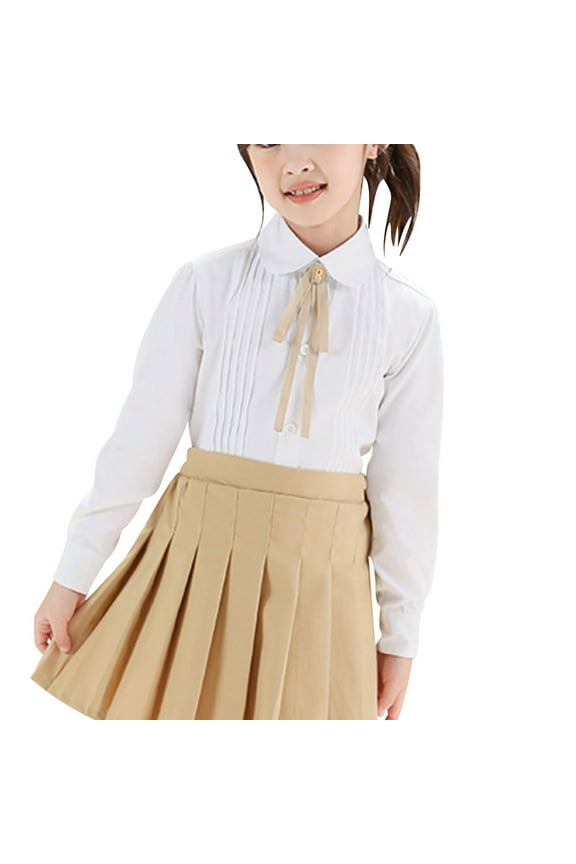 Kids Girls Long Sleeve Shirts, Breathable Buttons Up School Uniform Collared School Shirts Khaki 8-10 Years