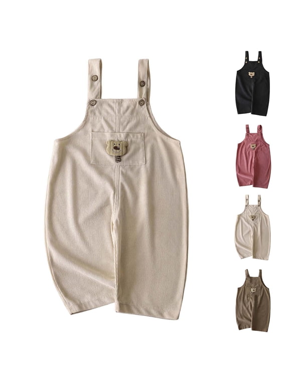 Kids Jumpsuit (3-4Years) Solid Color Loose Casual Fashion with Bear Patch Corduroy Overalls Pink Size 3T