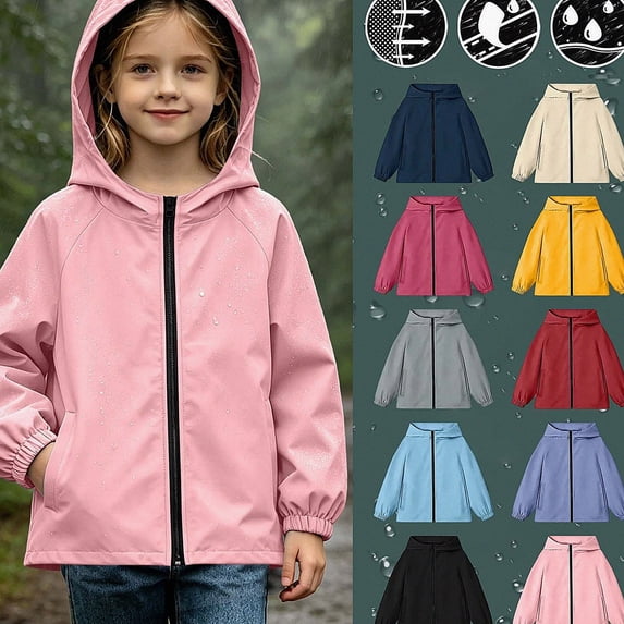 HAOTAGS Kids Outdoor Rain Jacket (5-16) Long Sleeves Waterproof Zipper Hooded Oxford Cloth Windbreaker with Pockets Pink Size 7
