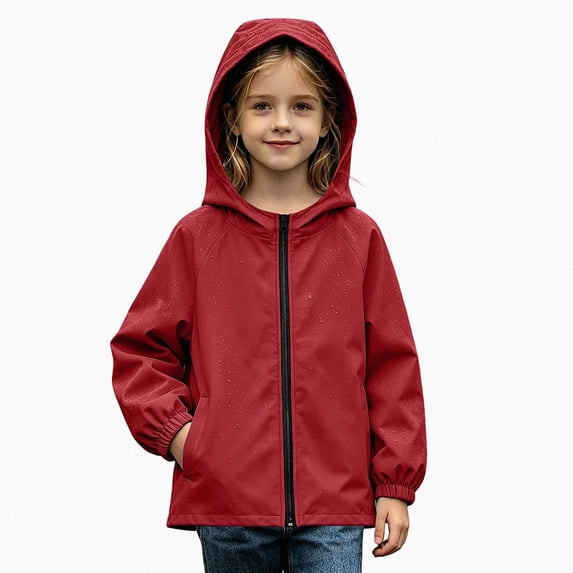 HAOTAGS Kids Outdoor Rain Jacket (5-16) Long Sleeves Waterproof Zipper Hooded Oxford Cloth Windbreaker with Pockets Red Size 11
