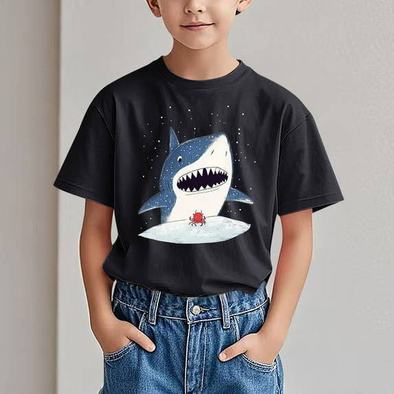 HAOTAGS Kids Short Sleeve Graphic T Shirts Trendy Shark Print Crewneck Tee Tops Summer Unisex Casual Loose Breathable Shirts Black Size 11 Years