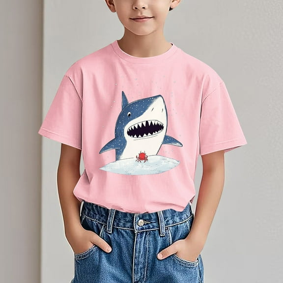 HAOTAGS Kids Short Sleeve Graphic T Shirts Trendy Shark Print Crewneck Tee Tops Summer Unisex Casual Loose Breathable Shirts Pink Size 3 Years