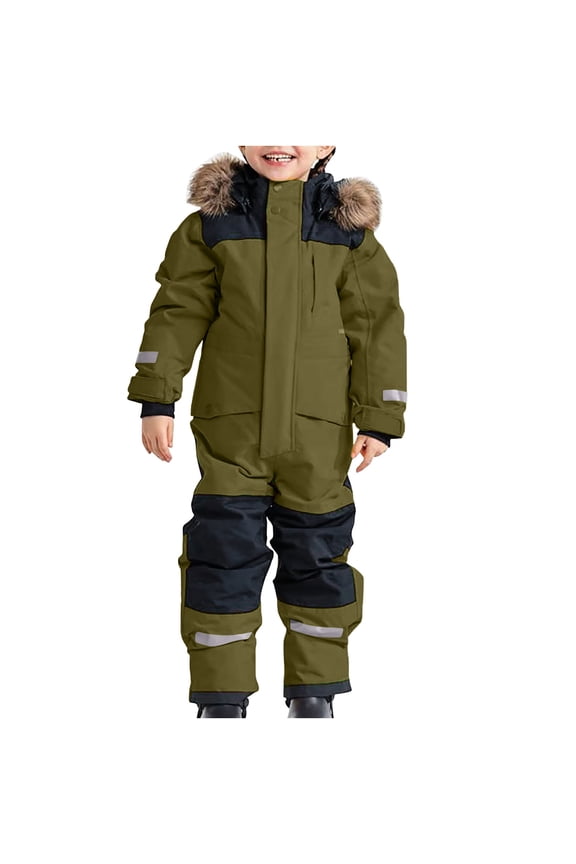 Kids Snowsuit, Boys Colorful Ski Jumpsuit Winter Thermal Overall Water-Resistant Nylon Jacket Warm Insulated Army Green 6-7Years