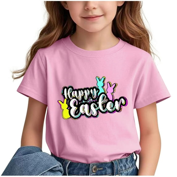 HAOTAGS Kids T-Shirts Easter Letter Print Short Sleeve Tee Toddler Boys Girls Outfits Summer Casual Tops Pink Size 9 Years