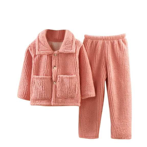 HAOTAGS Kids Thickened Pajama,Flannel Sleepwear Long Sleeved Fall Winter Warm Loungewear Clothes Set Pink 3-4 Years