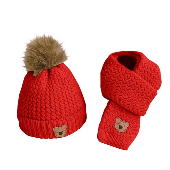HAOTAGS Kids Winter Hat & Scarf Set, Fleece-Lined Beanie & Plush Scarf 2-Piece Set for Boys Girls Red Size Free Size