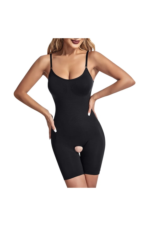 Ladies' Sleeveless Shapewear Bodysuit, Solid Color Full-Body Cami Open-Crotch Open Cut Hip Lifting Base Shaping Garment Black 3XL