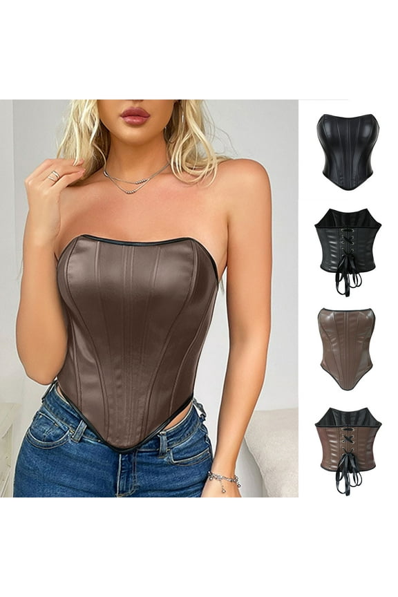 Ladies' Solid Color Corset Waist Cincher, PU Faux Leather Finish for Premium Look & Feel Luxury Leather-Style Court-Inspired Bodice High-Elastic Shaping All-Day Comfort Brown S