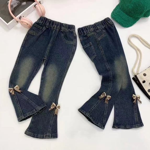 HAOTAGS Leg Denim Jeans For Girls, Bowknot Decoration Loose Straight Casual Fall Pants Navy 3 T