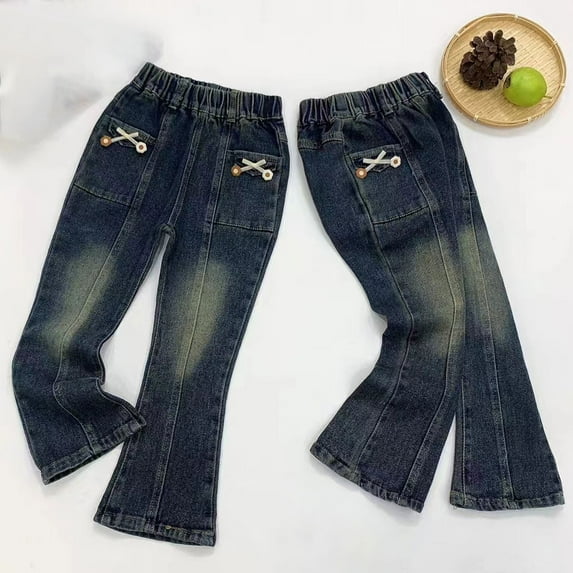 HAOTAGS Leg Denim Jeans For Girls, Graphic Print Straight Casual Fall Pants Loose Navy 3 T