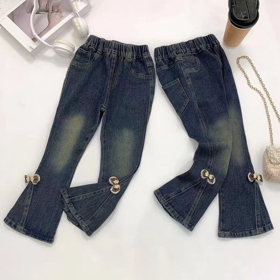 HAOTAGS Leg Denim Jeans For Girls, Straight Bowknot Decoration Loose Casual Fall Pants Navy 5 T