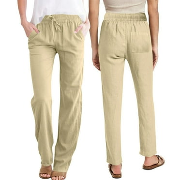 HAOTAGS Linen Pants for Women, High Waist Casual Stright Leg Loose Yoga Pants Comfy Solid Color Slacks Beige XL