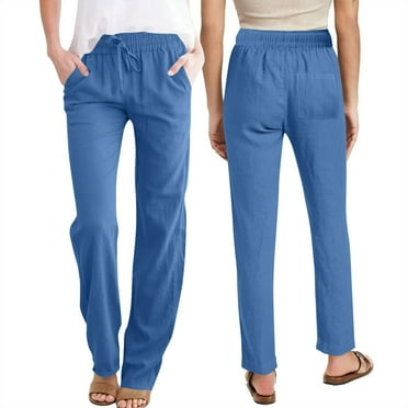 HAOTAGS Linen Pants for Women, High Waist Casual Stright Leg Loose Yoga Pants Comfy Solid Color Slacks Blue M