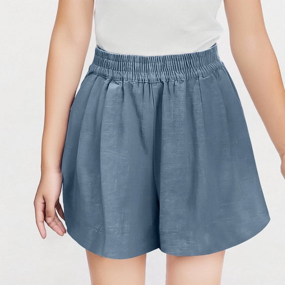HAOTAGS Linen Shorts for Teen Girls, Summer Loose Fit Casual Elastic Waisted Oversized Shorts Blue 14 Years