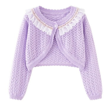 HAOTAGS Little Girls Crew Neck Long Sleeve Cotton Cardigan with Cute Bowknot Toddler Cover Up Tops Purple Size 5-6 Years