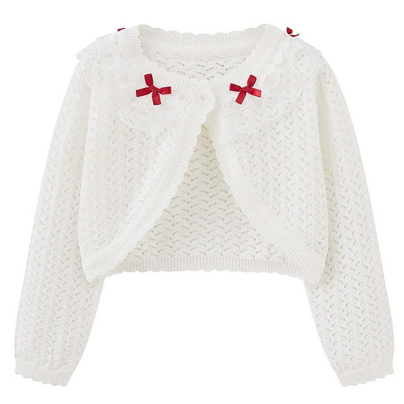 HAOTAGS Little Girls Crew Neck Long Sleeve Cotton Cardigan with Cute Bowknot Toddler Cover Up Tops Red Size 7-8 Years