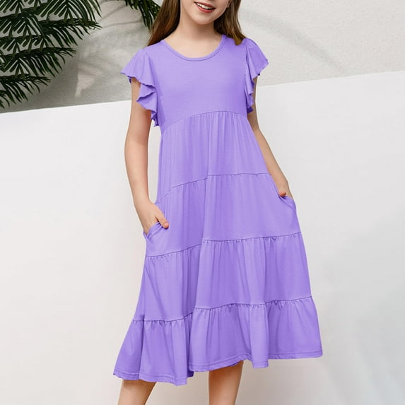 HAOTAGS Little Girls Short Sleeve Dresses Solid Color Summer Casual Swing Sundress Purple Size 6 T
