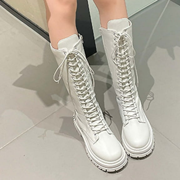 HAOTAGS Long Boots for Women, Thick Heel Casual Lace Up Mid Claf Boots White 8.5
