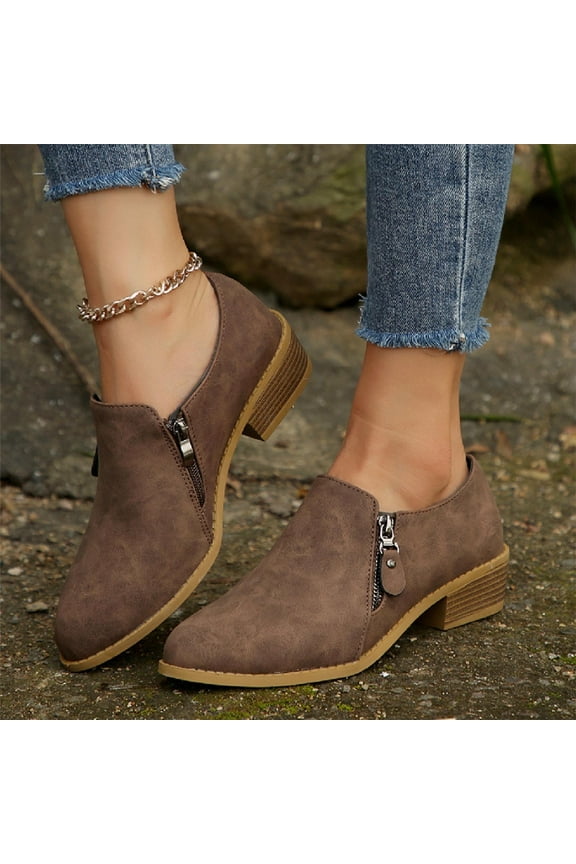 Low Heel Ankle Boots for Women, Casual Fall Winter Booties Side Zipper Solid Color Shoes Brown 9