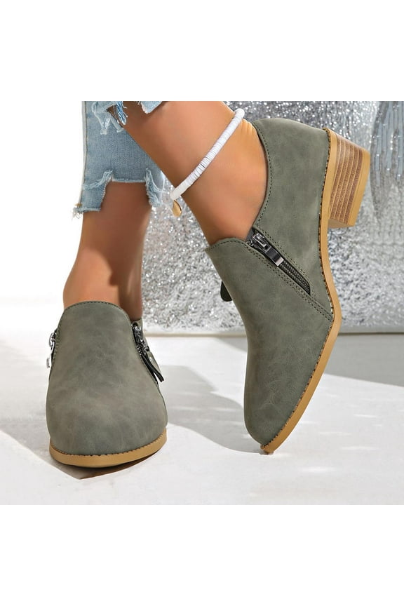 Low Heel Ankle Boots for Women, Casual Fall Winter Booties Side Zipper Solid Color Shoes Green 8.5
