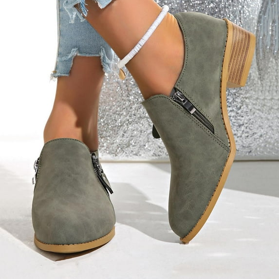 HAOTAGS Low Heel Ankle Boots for Women, Casual Fall Winter Booties Side Zipper Solid Color Shoes Green 9