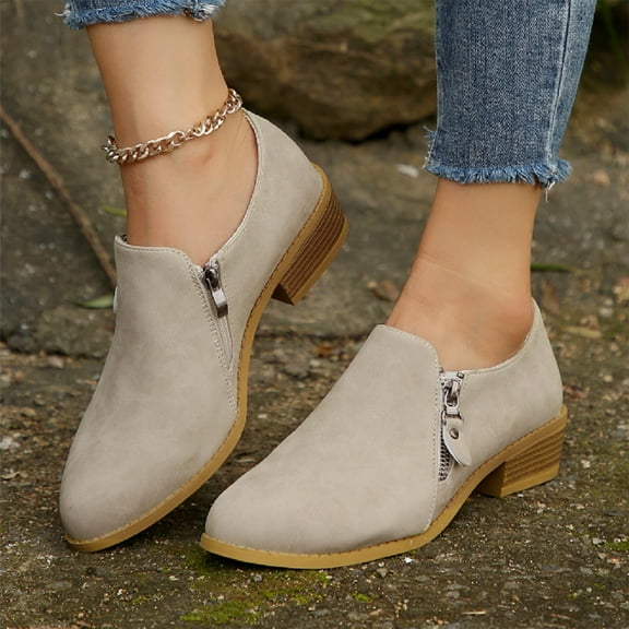 HAOTAGS Low Heel Ankle Boots for Women, Casual Fall Winter Booties Side Zipper Solid Color Shoes Khaki 7