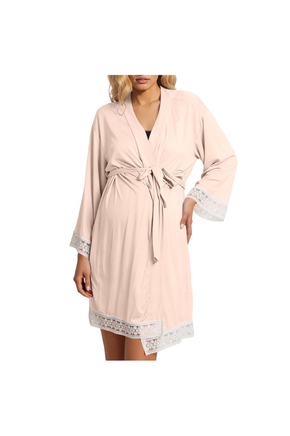 Maternity Lace Trim Robe, V-Neck Night Tie Wrap Seven-Sleeve 3/4 Sleeve Lounge Dress Pink M