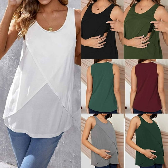 HAOTAGS Maternity Tank Tops, Solid Color Sleeveless Crew Neck Wire-free Nursing Tops White 2XL