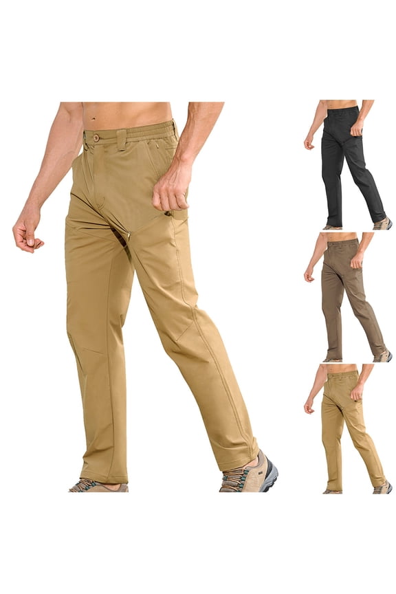 Men Outdoor Water-Resistant Hiking Pants with Multiple Pockets, Casual Elastic Waist Breathable Straight-Leg Pants Khaki M