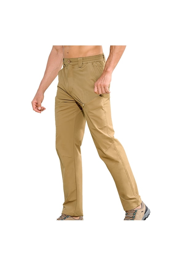 Men Outdoor Water-Resistant Hiking Pants with Multiple Pockets, Elastic Waist Casual Breathable Straight-Leg Pants Khaki 3XL