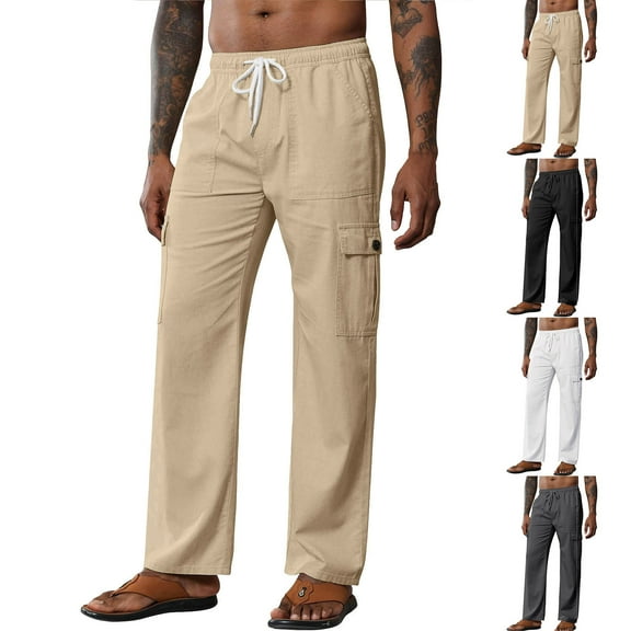 HAOTAGS Men Oversized Straight Leg Pants, with Pockets Breathable Elastic Waist Twill Chino Pants Khaki 2XL