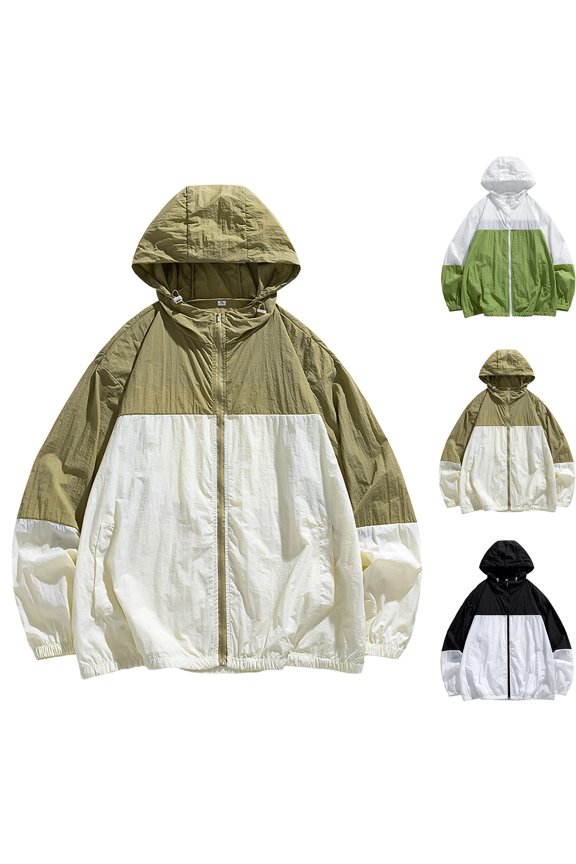 Men Sun Protection Jacket,Zip-Up Color Blocking UPF 50+ UV Protection Fishing Hiking Jackets with Pockets Green 3XL