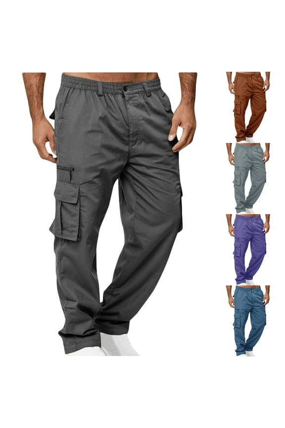 Men Workwear Pants, Outdoor Straight Multiple Pockets Button Zip Cargo Pants With Stretch Dark Gray 2XL