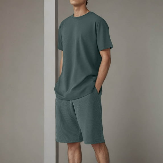 HAOTAGS Men's 2 Piece Outfits Summer Short Sleeve T Shirt and Shorts Tracksuit Sets Solid Color Casual Shirt and Shorts Set Green Size S