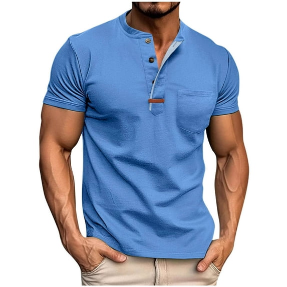 HAOTAGS Men's Button Collar Shirts Casual Outdoor Short Sleeve T Shirt Sky Blue Size S