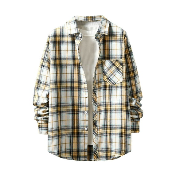 HAOTAGS Men's Button Down Plaid Shirt Regular Fit Long Sleeve Flannel Casual Shirts Yellow Size M