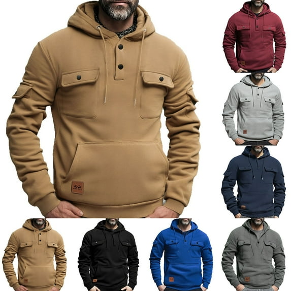HAOTAGS Men's Casual Hoodie with Multi-pocket, Outdoor Long Sleeve Hooded Sweatshirts Buttoned Spring Fall Pullover Top Khaki S