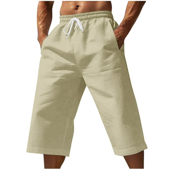 HAOTAGS Men's Casual Pants, Pocket Rope Straight Leg 7/8 Summer Solid Capris Shorts Beige 2XL